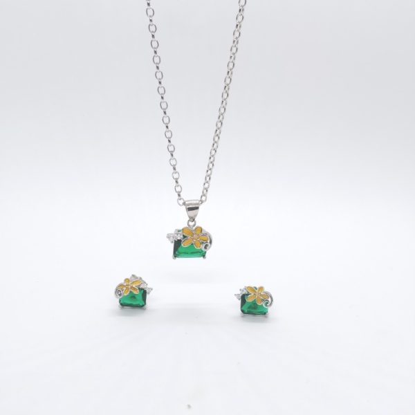 New party wear silver with green stone pendant set - Image 2