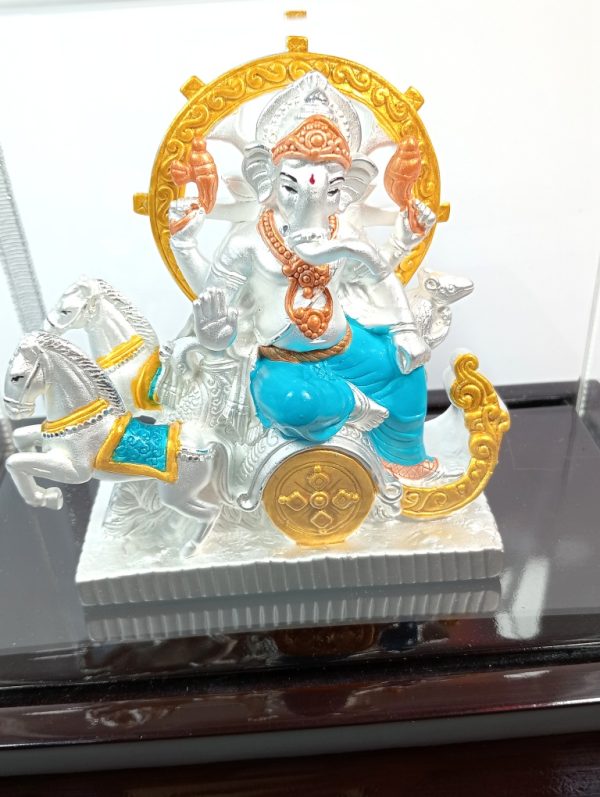 Lord Ganesh Sitting On The Horse Silver Hollow Murti - Image 2