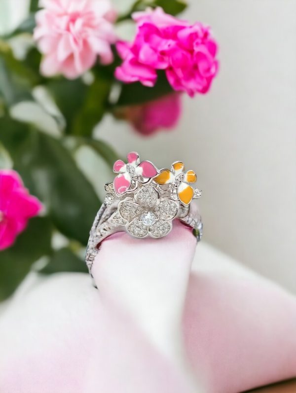 Colourful Flower With Stud Micro Stone Silver Ring 