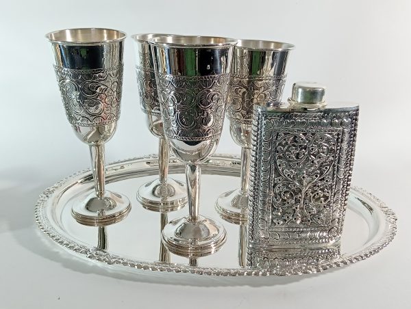 Pure Silver Made Wine Bottle with Glass Set